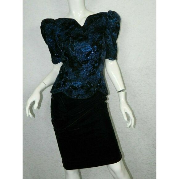 Jessica McClintock Dress Vintage Black Velvet Blue Sparkles Open Back Size 8 - Picture 10 of 13